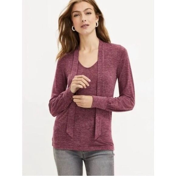 Loft Tie Neck Knit Blouse Long Sleeve Lightweight Sweater - Size Large - Picture 1 of 9